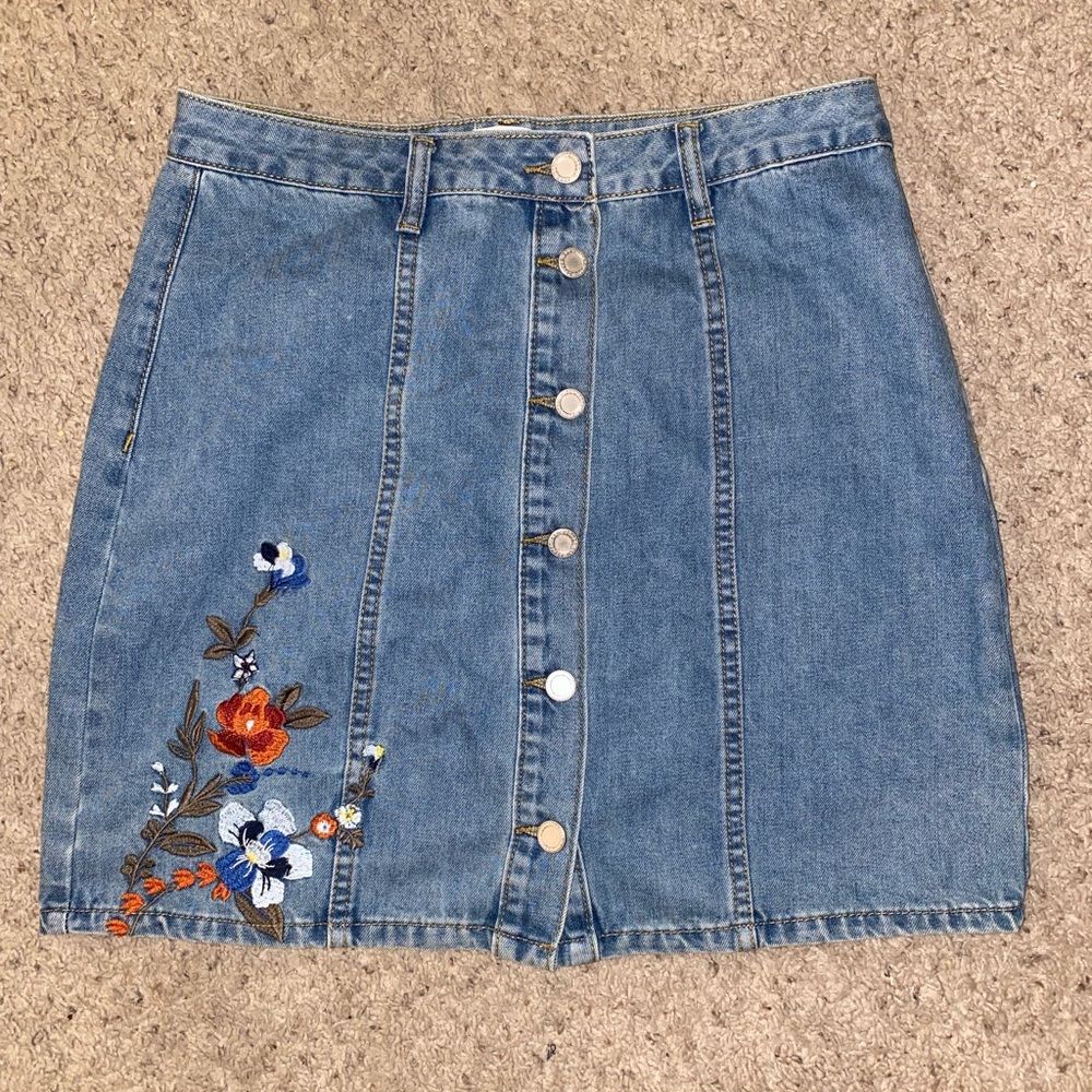 Denim Skirt with Floral Embroidery